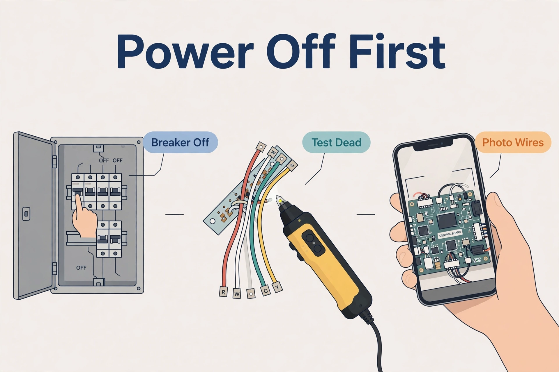 Breaker panel switched off, voltage tester near thermostat wires, and phone photographing a control board