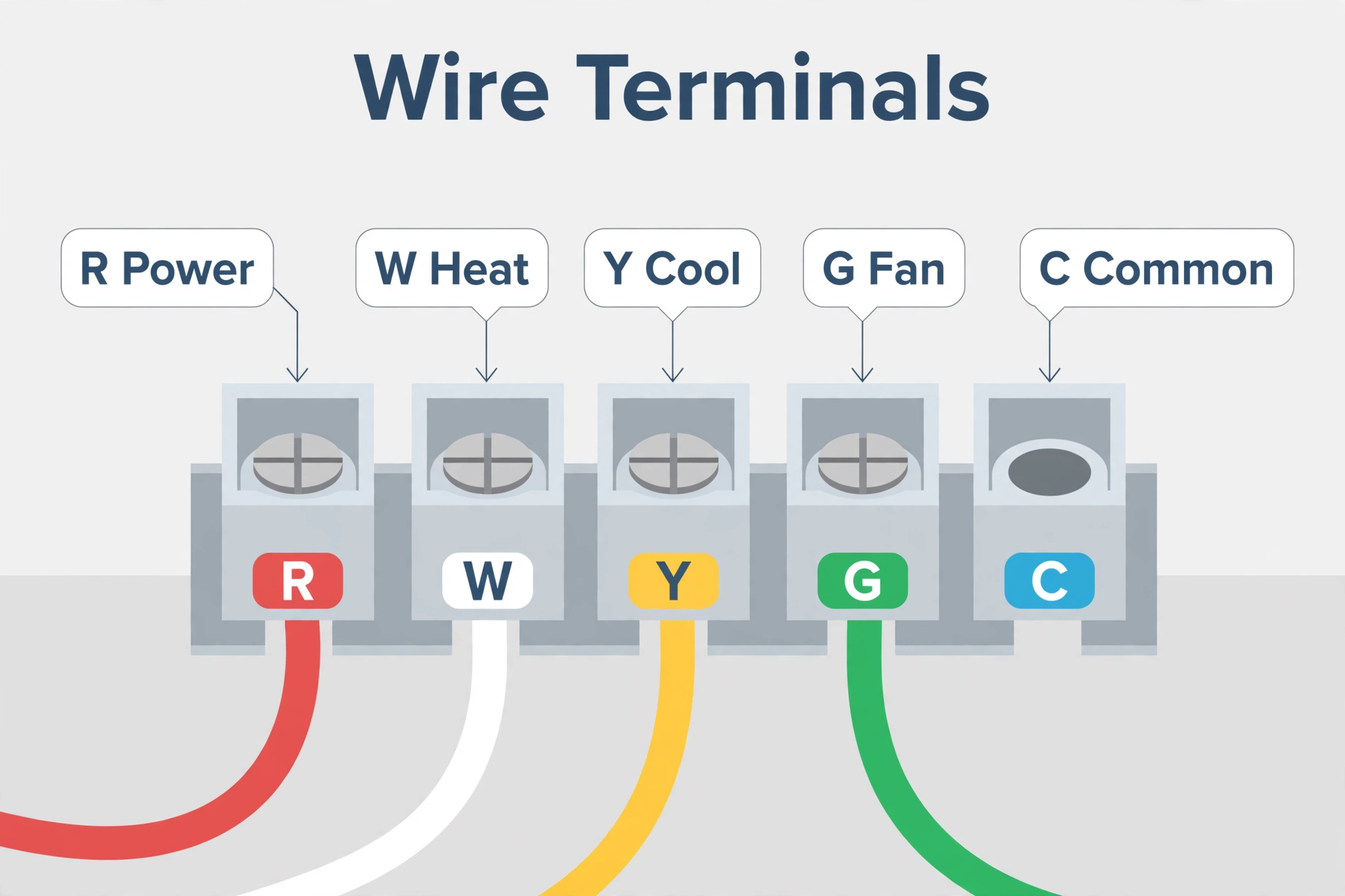Furnace control board terminal block with R, W, Y, G, and C screw terminals and color-coded thermostat wires