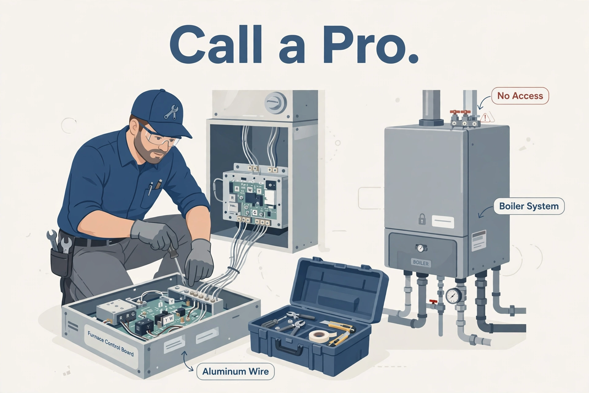 HVAC technician working on a furnace control board beside a boiler unit
