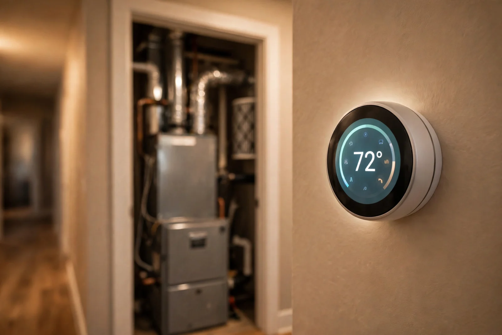 Smart thermostat on a hallway wall with a furnace in the background