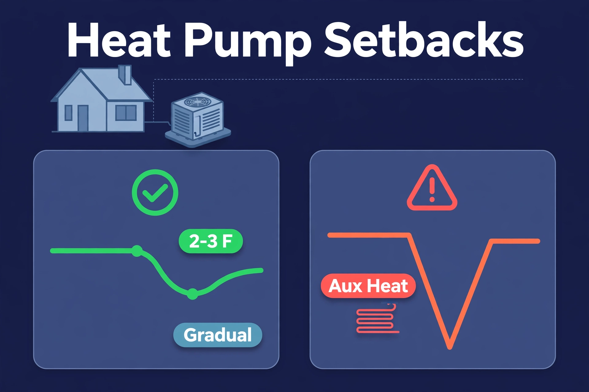 Heat pump setback comparison: gentle 2 to 3 degree gradual setback versus deep setback triggering aux heat