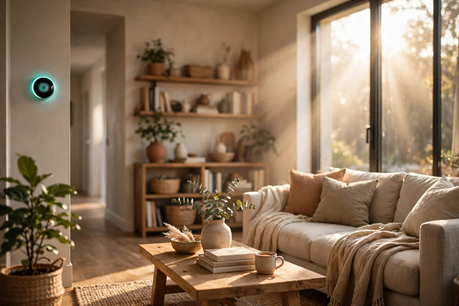 Modern living room in warm morning light with a smart thermostat mounted on the wall