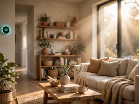 Modern living room in warm morning light with a smart thermostat mounted on the wall