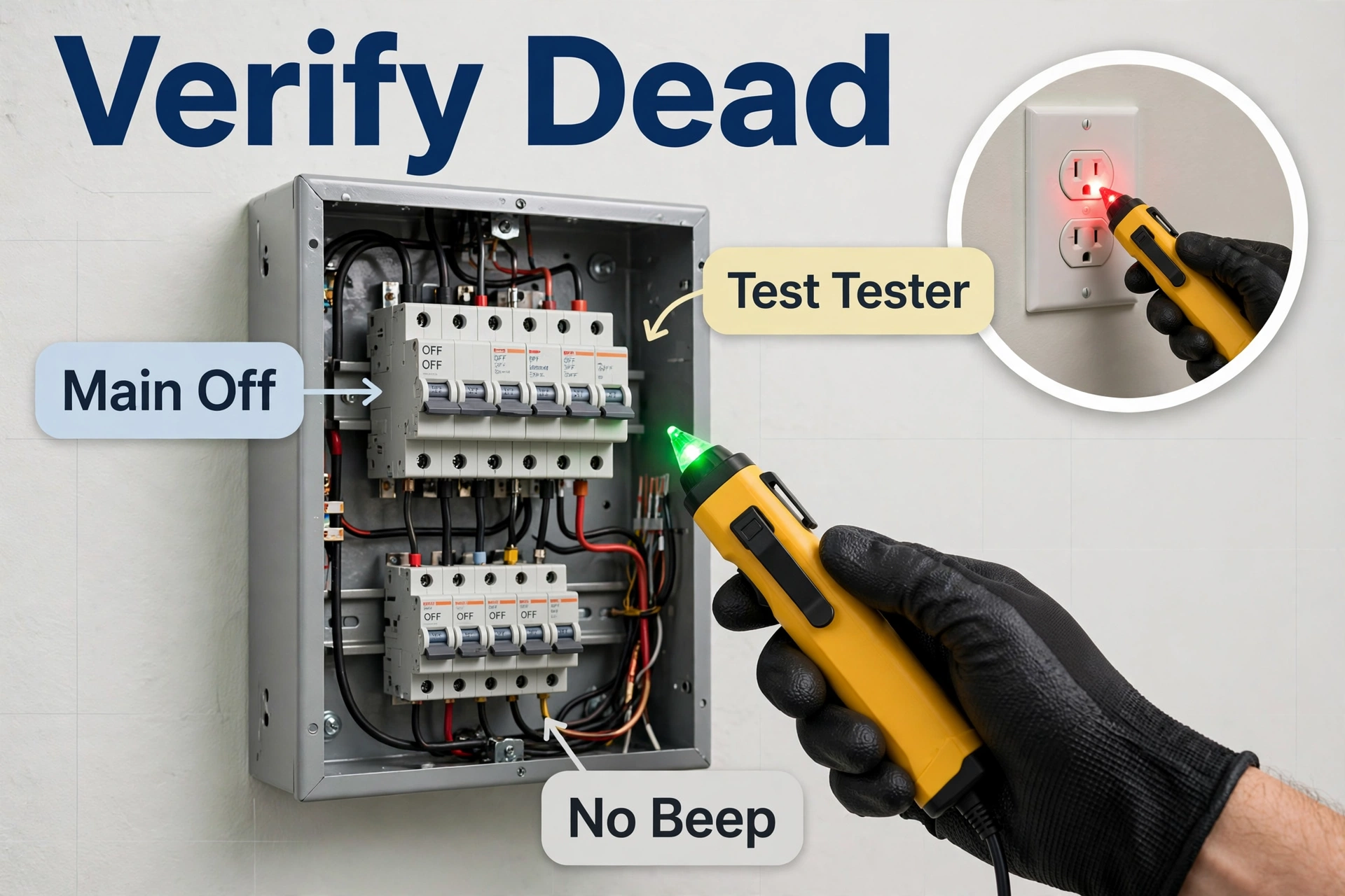 Gloved hand holding a glowing voltage tester in a panel with all breakers off, labeled Verify Dead, Main Off, Test Tester, No Beep