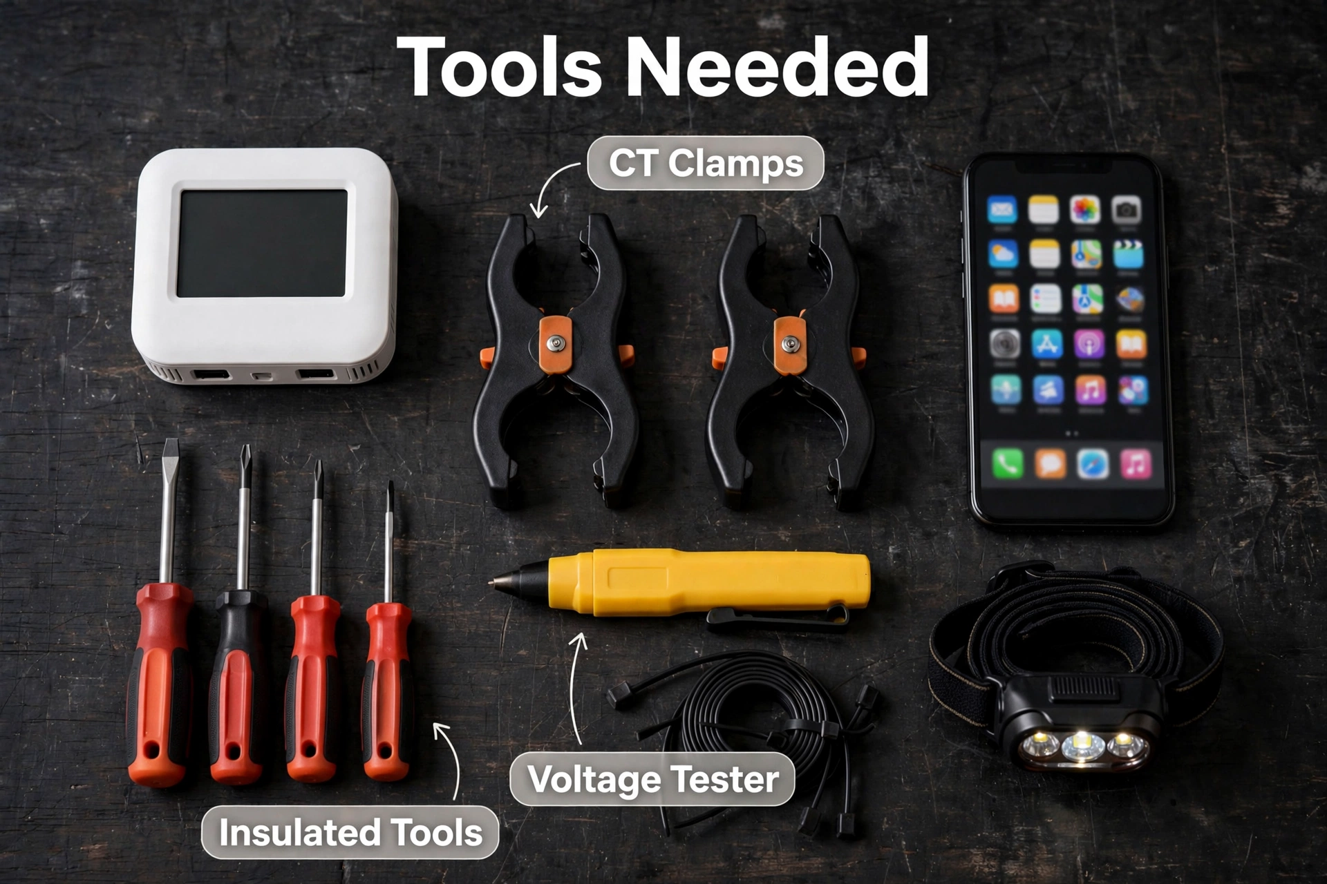 Flat-lay of energy monitor install tools: CT clamps, insulated screwdrivers, voltage tester, headlamp, and phone