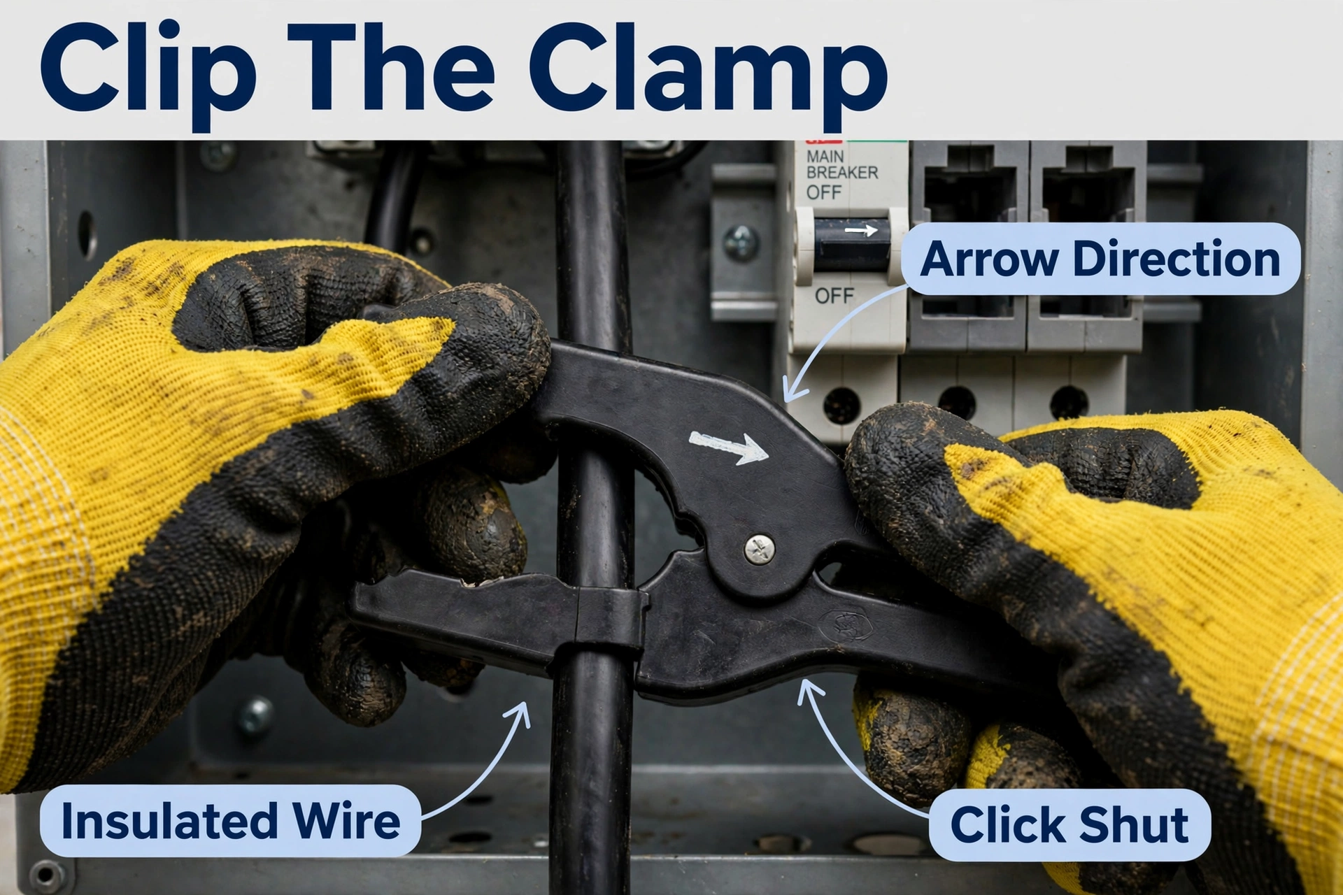 Work-gloved hands closing a CT clamp around an insulated conductor with the main breaker clearly off, labeled Clip The Clamp