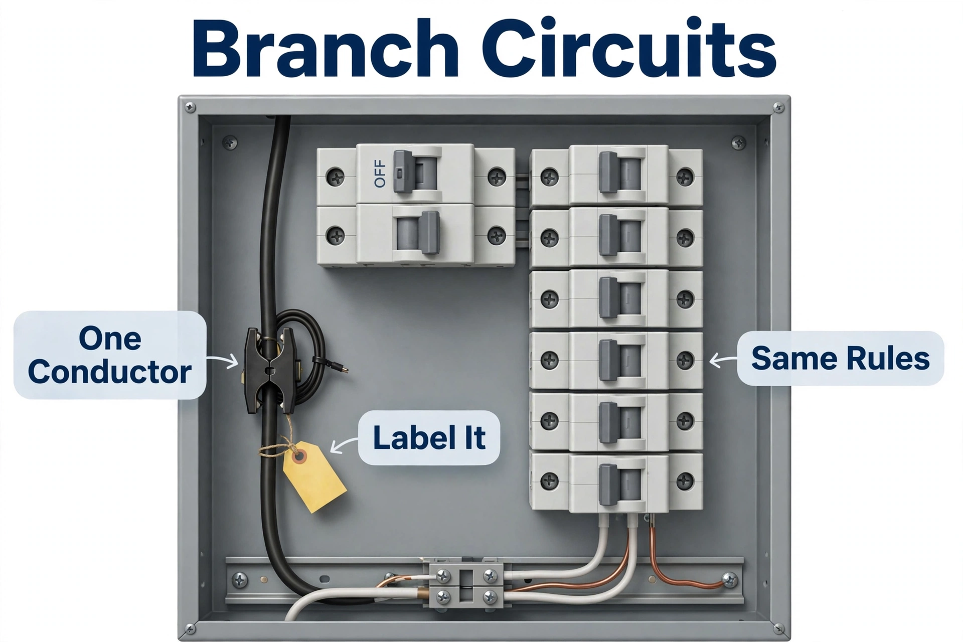 Small CT clamp on a single labeled branch-circuit conductor beside a row of breakers, labeled Branch Circuits