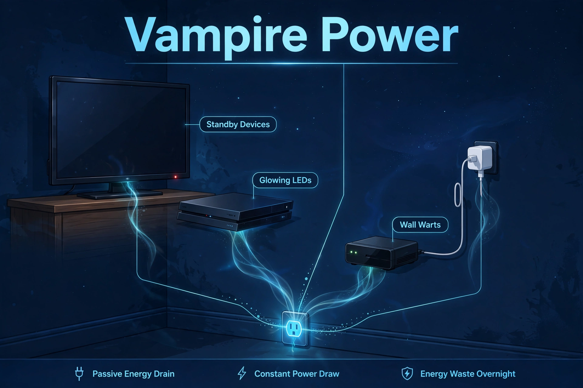 Illustration of standby devices and wall chargers drawing vampire power overnight
