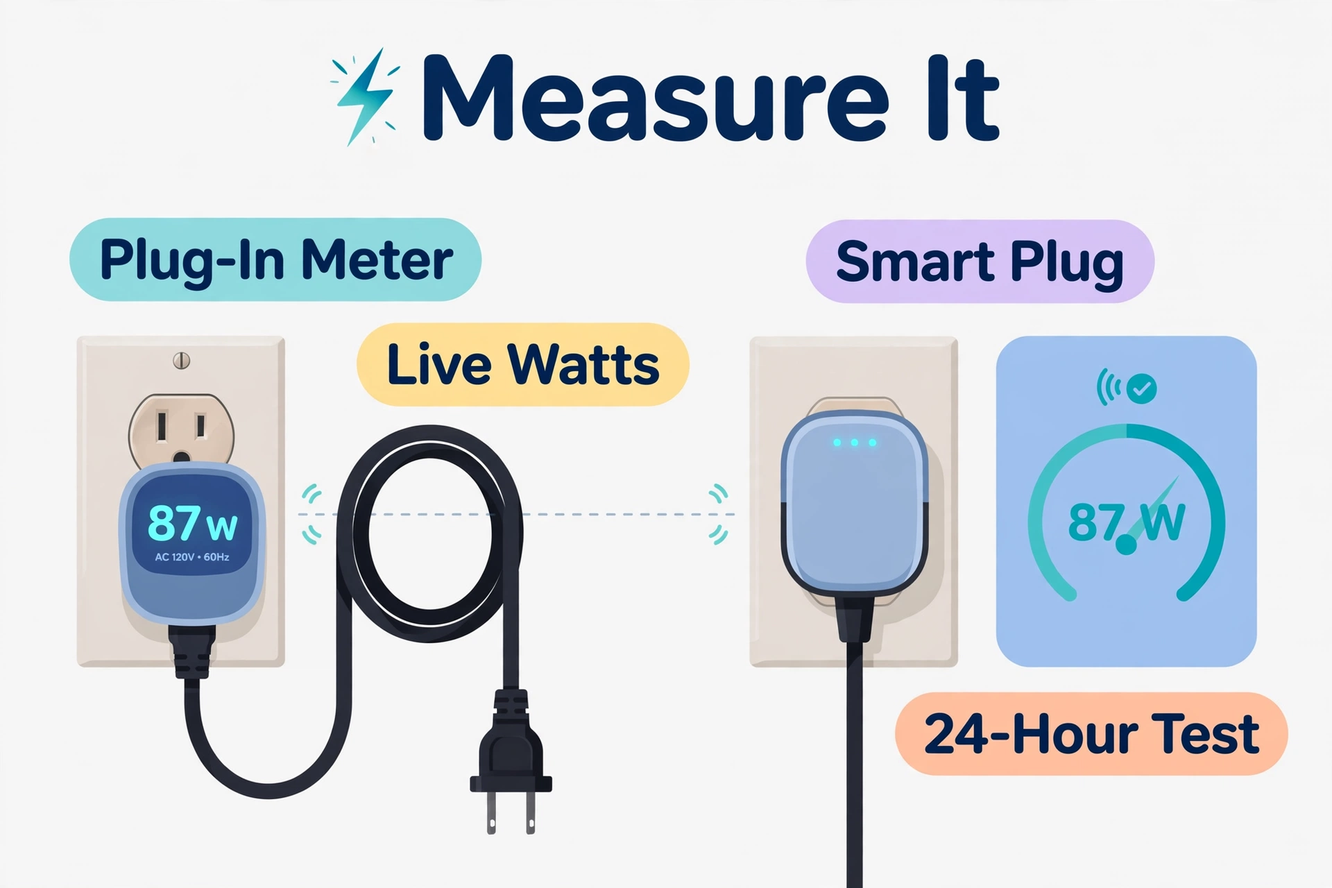 Plug-in watt meter and smart plug showing live wattage readings on a wall outlet