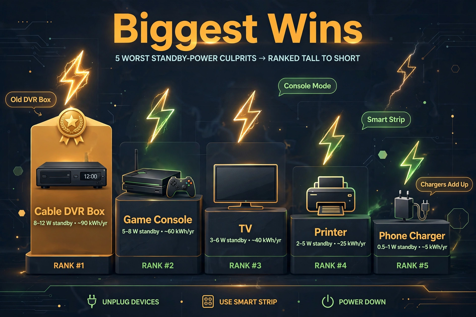 Ranked chart of the five worst standby power culprits from cable DVR box down to phone charger