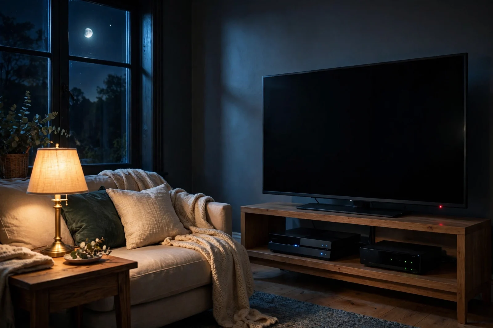 Living room at night with a TV glowing a small red standby LED while switched off