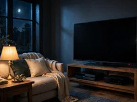 Living room at night with a TV glowing a small red standby LED while switched off