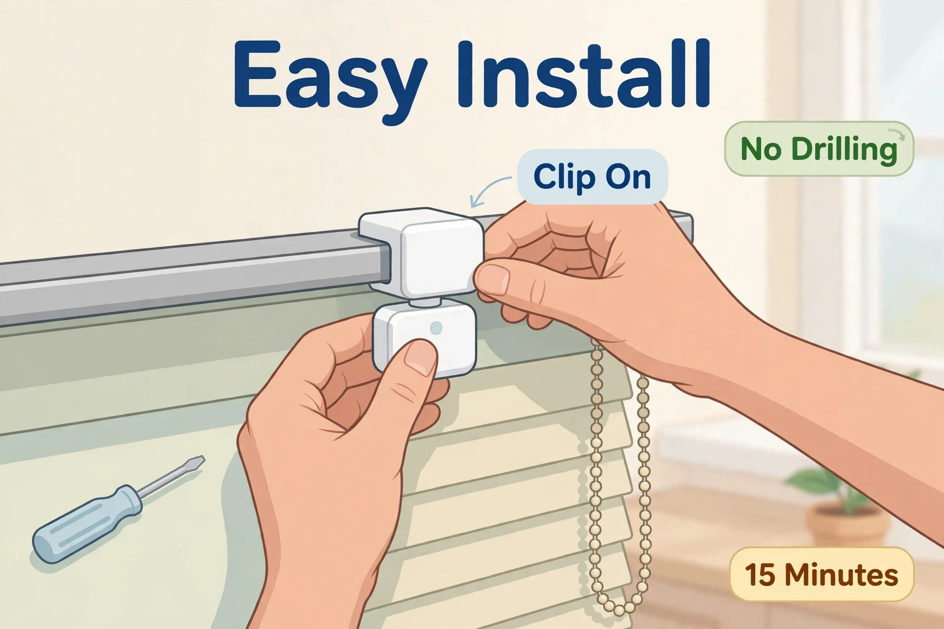 Hands clipping a smart motor onto a blind headrail — a no-drilling 15-minute install