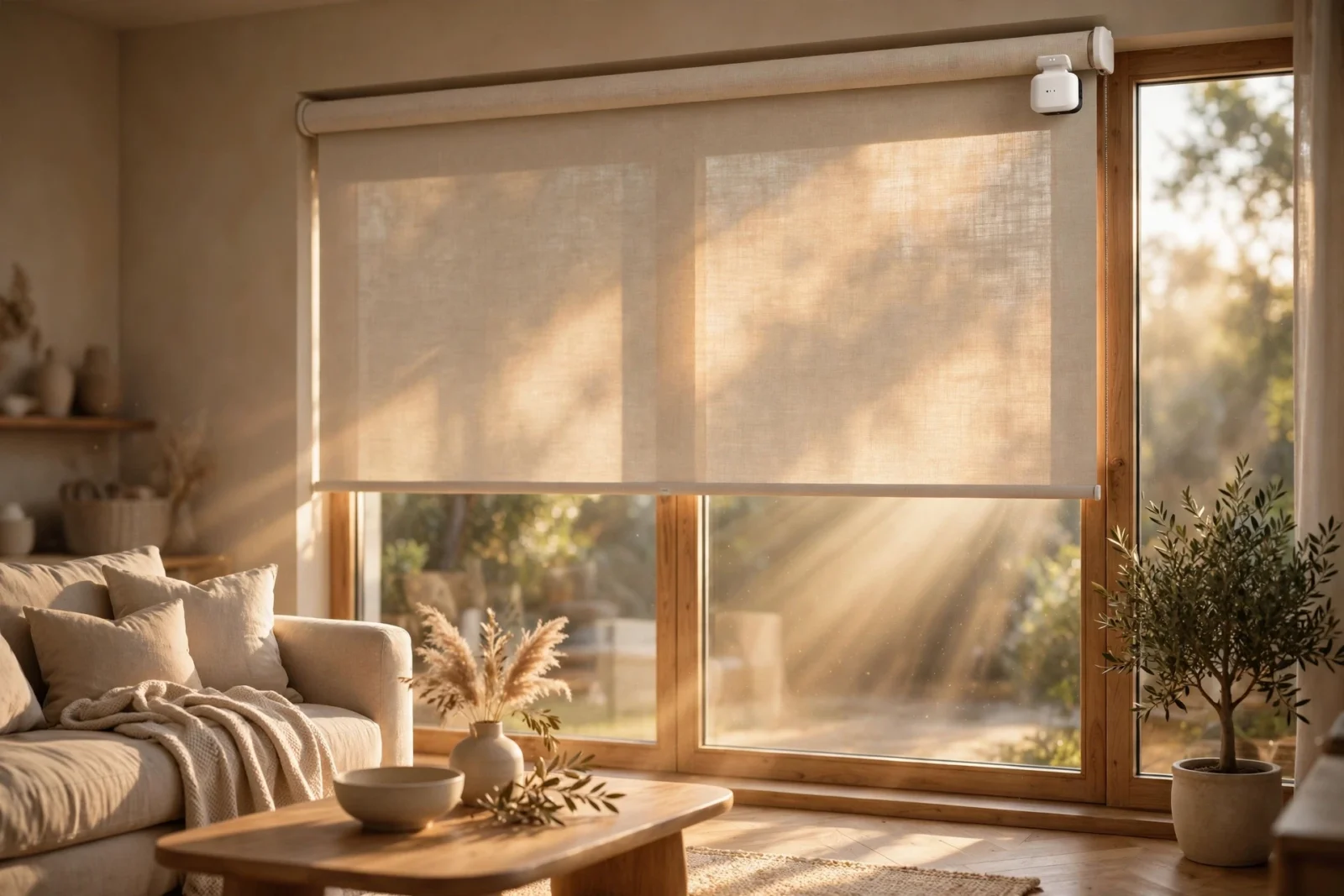 Modern living room with smart-retrofitted blinds and a small motor module on the headrail in morning light