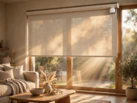 Modern living room with smart-retrofitted blinds and a small motor module on the headrail in morning light