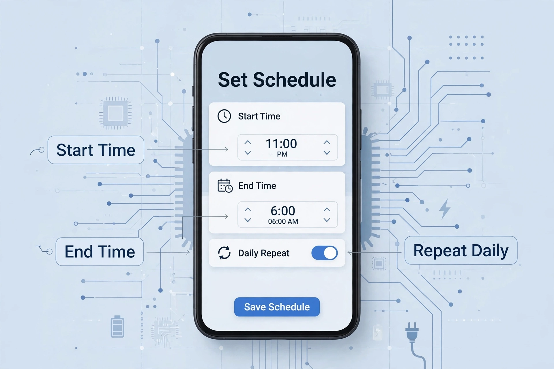 Phone app screen for setting an EV charging schedule with start time, end time, and daily repeat