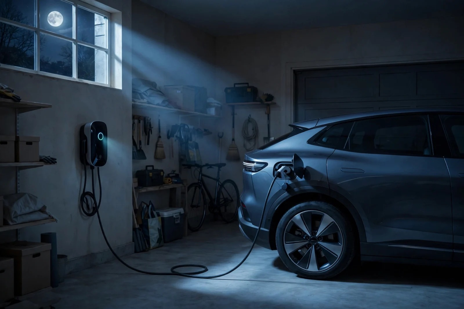 Electric car charging overnight in a home garage under moonlight