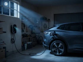 Electric car charging overnight in a home garage under moonlight