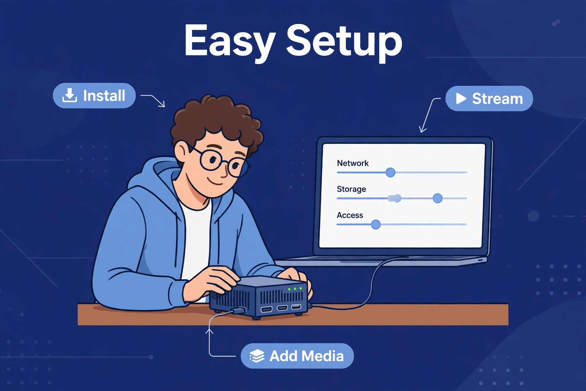 Person setting up a small home server while a laptop displays configuration settings
