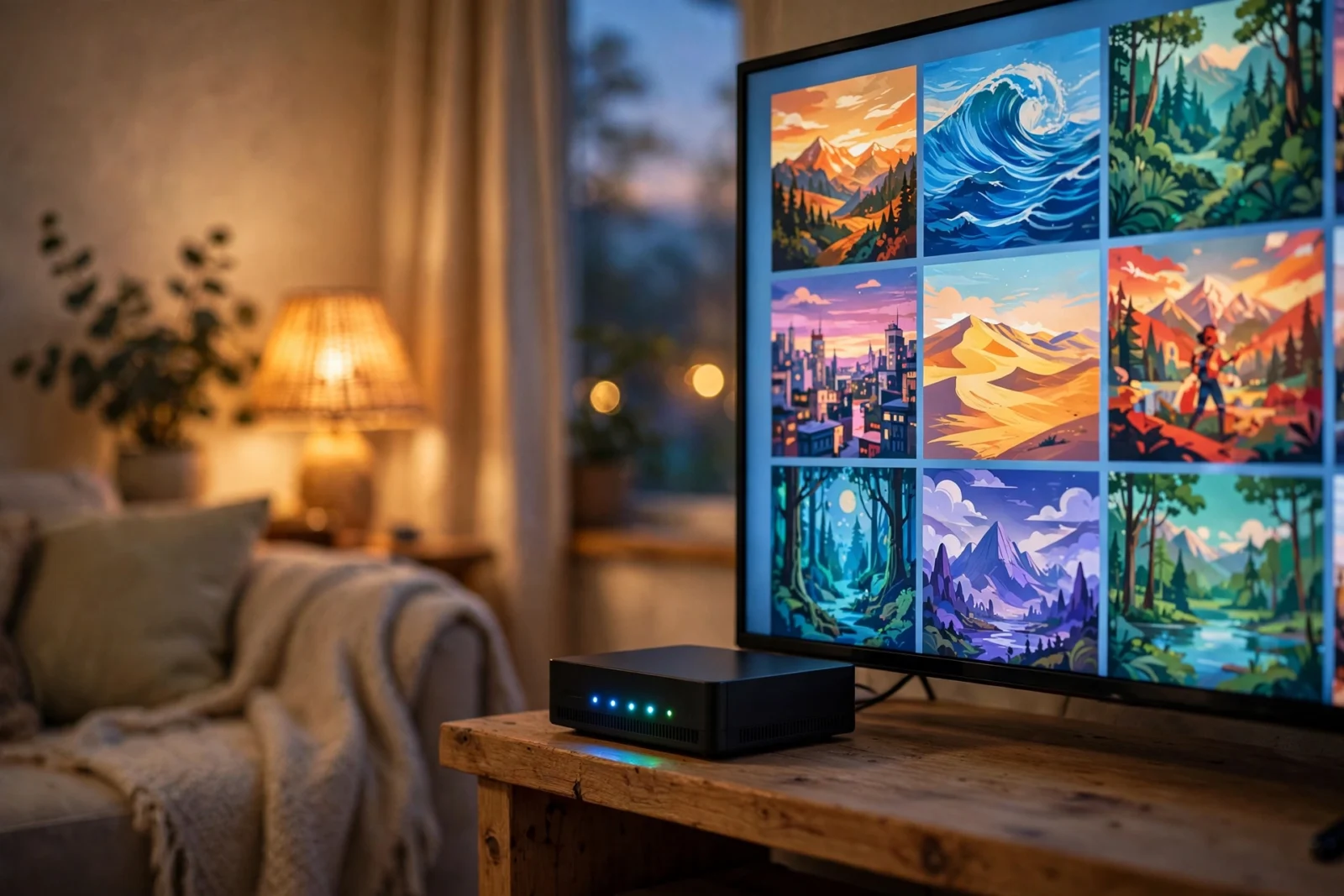 Home NAS server on a shelf beside a TV showing a movie library