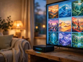Home NAS server on a shelf beside a TV showing a movie library