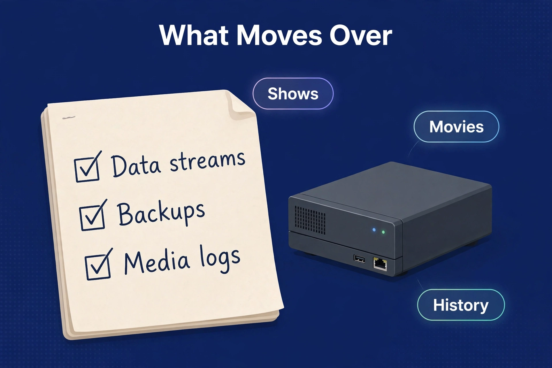 Checklist on a notepad showing what transfers to a new media server
