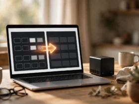 Laptop displaying two media server dashboards with an arrow moving a library across