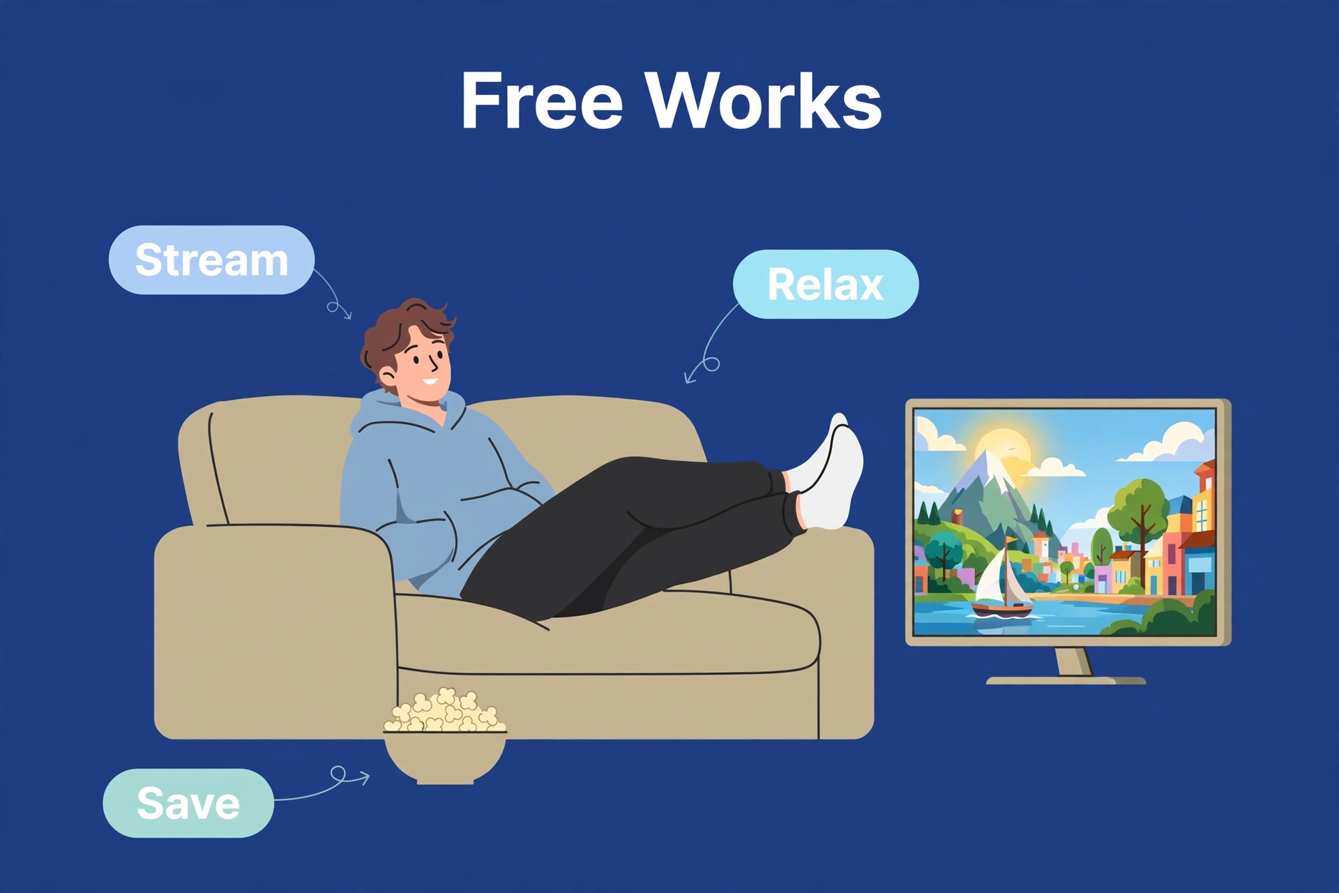 Person relaxing on a couch streaming a movie at home with no subscription worries