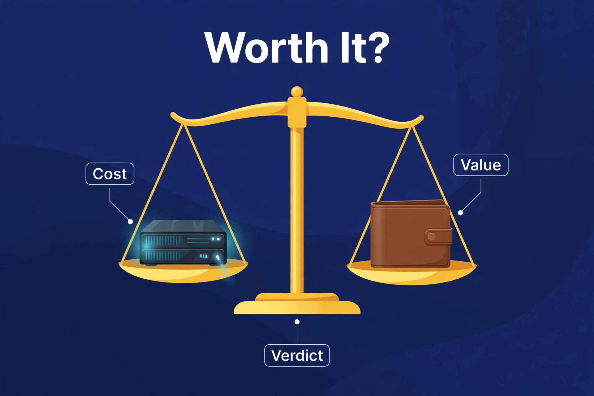 Balanced scale weighing a small media server against a wallet in a decision concept