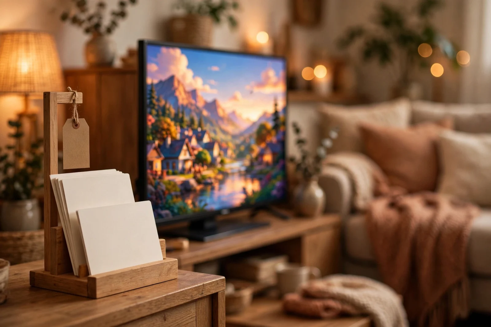 Price tag displaying subscription plan options beside a TV streaming a movie warmly lit