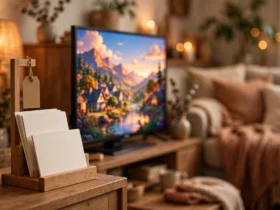 Price tag displaying subscription plan options beside a TV streaming a movie warmly lit