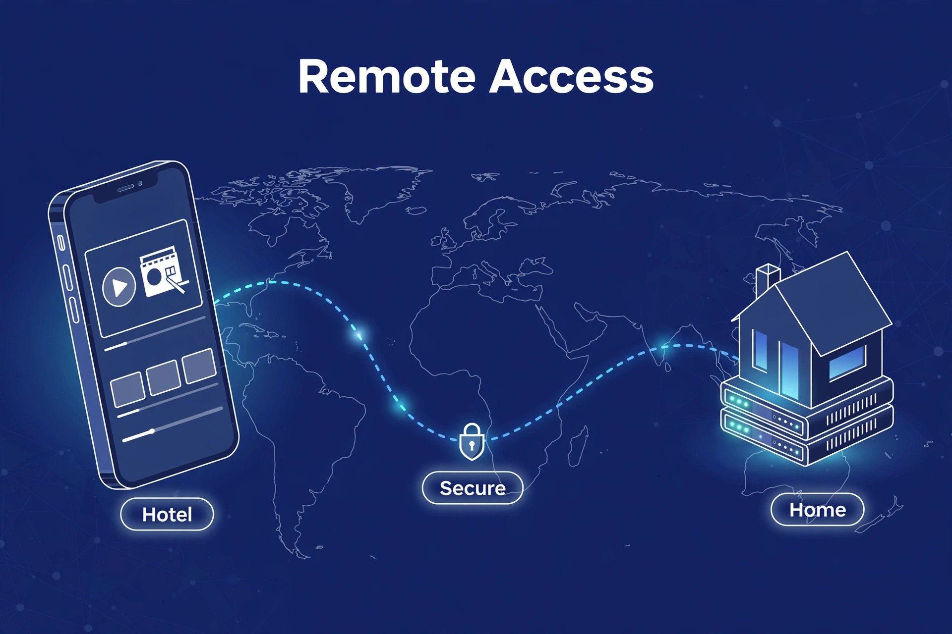 Phone streaming a movie over a map showing a secure connection from a hotel to home