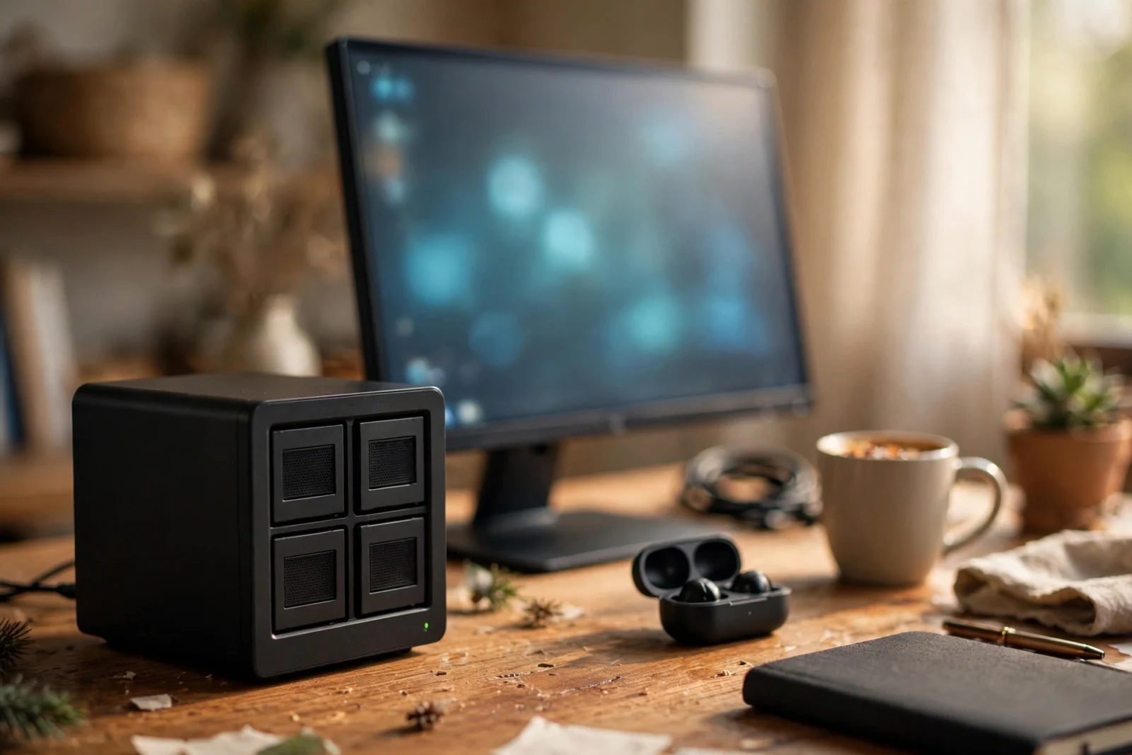 Home NAS box on a wooden desk beside a monitor with a glowing setup screen