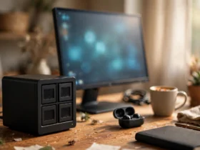 Home NAS box on a wooden desk beside a monitor with a glowing setup screen