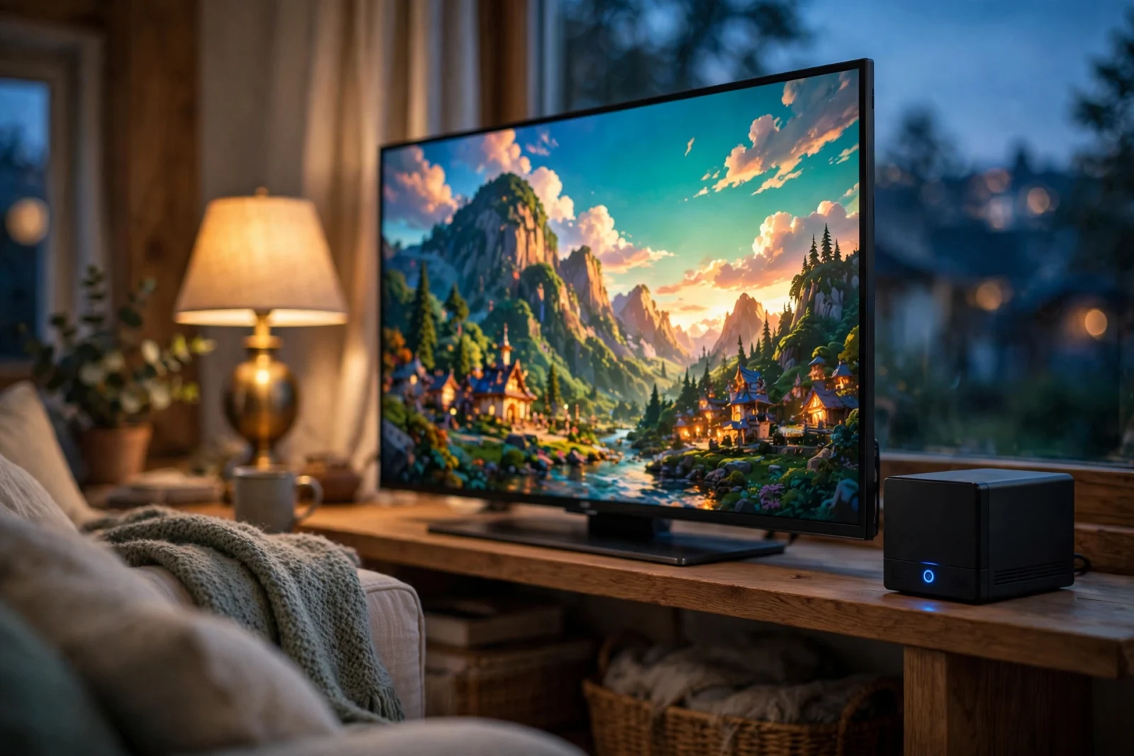TV playing a 4K movie with a small NAS box glowing on a nearby shelf