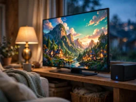 TV playing a 4K movie with a small NAS box glowing on a nearby shelf