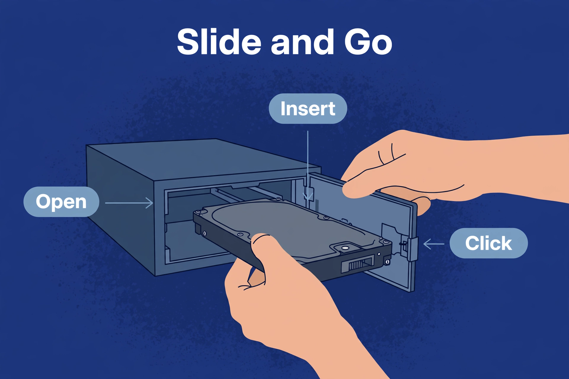 Close-up of hands sliding a hard drive into an empty bay of a home NAS enclosure