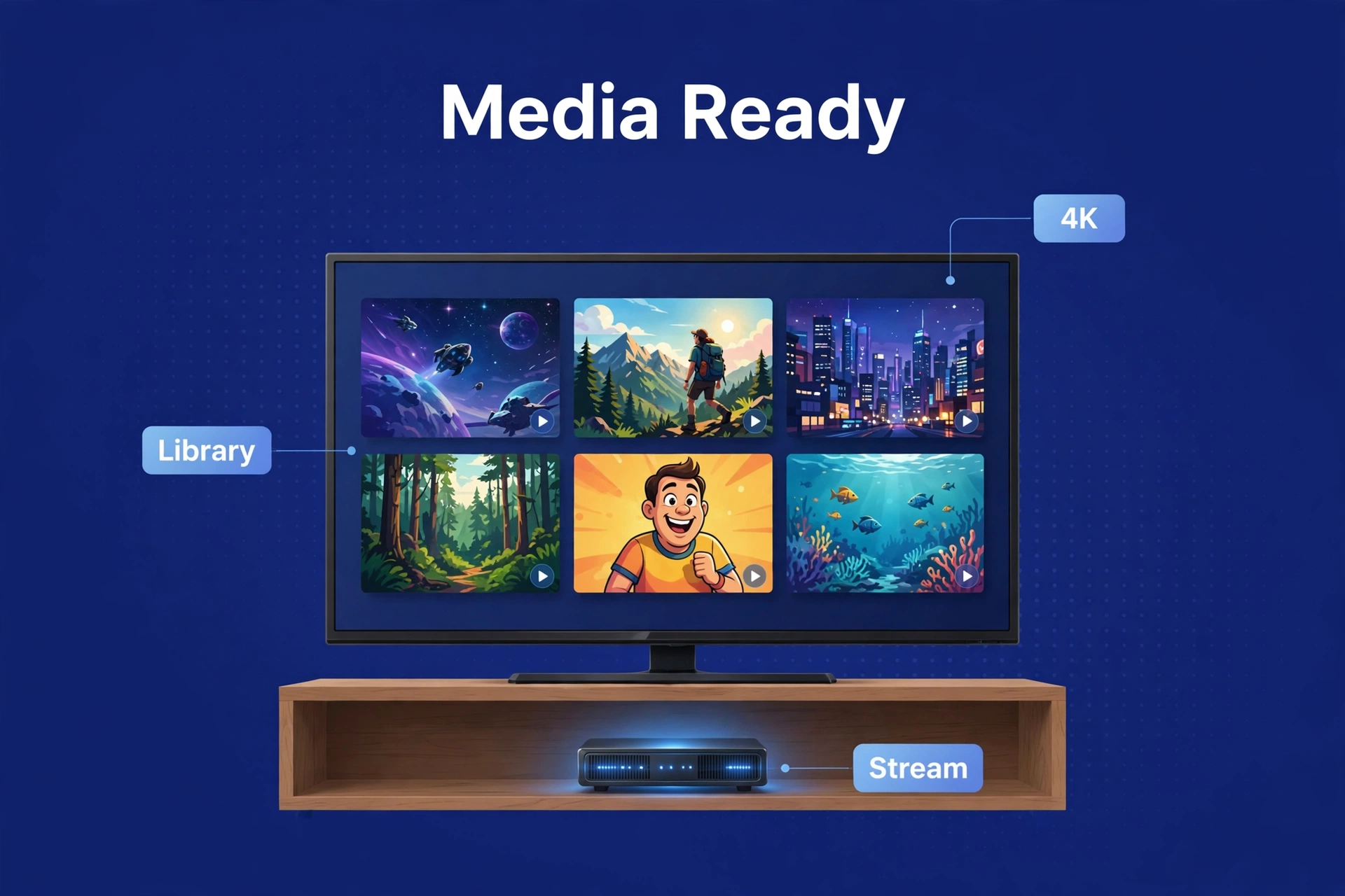 Television showing a movie library interface with a NAS box sitting on the media console below