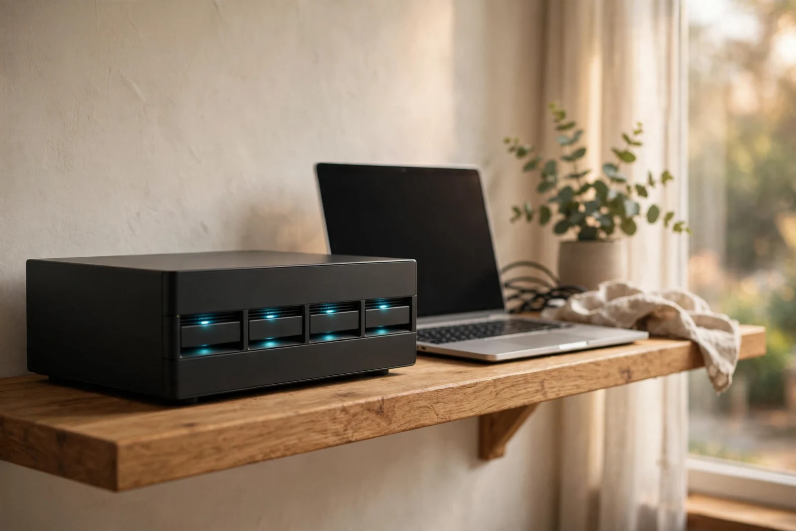 NAS enclosure with glowing drive LEDs on a wooden shelf beside an open laptop