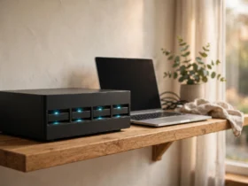 NAS enclosure with glowing drive LEDs on a wooden shelf beside an open laptop