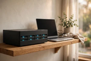 NAS enclosure with glowing drive LEDs on a wooden shelf beside an open laptop