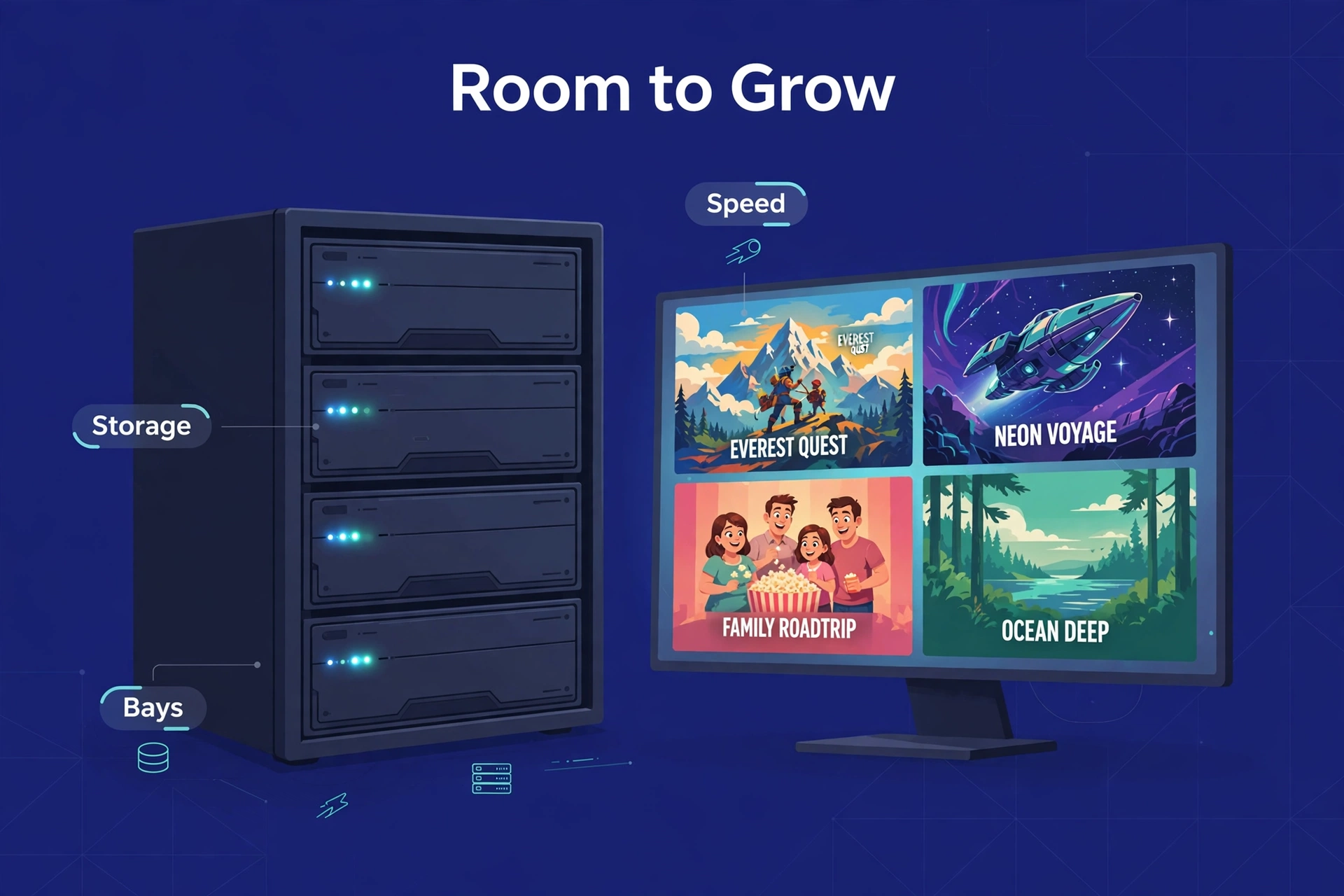 Four-bay NAS with glowing drive LEDs next to a screen displaying colorful movie posters