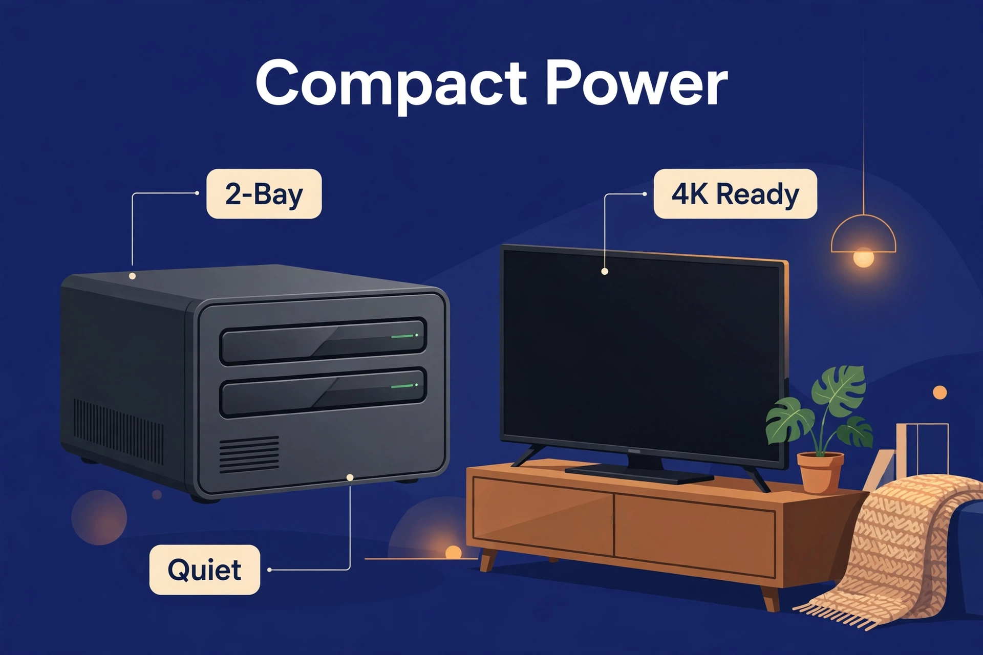 Compact 2-bay NAS beside a television in a cozy living room with warm evening lighting