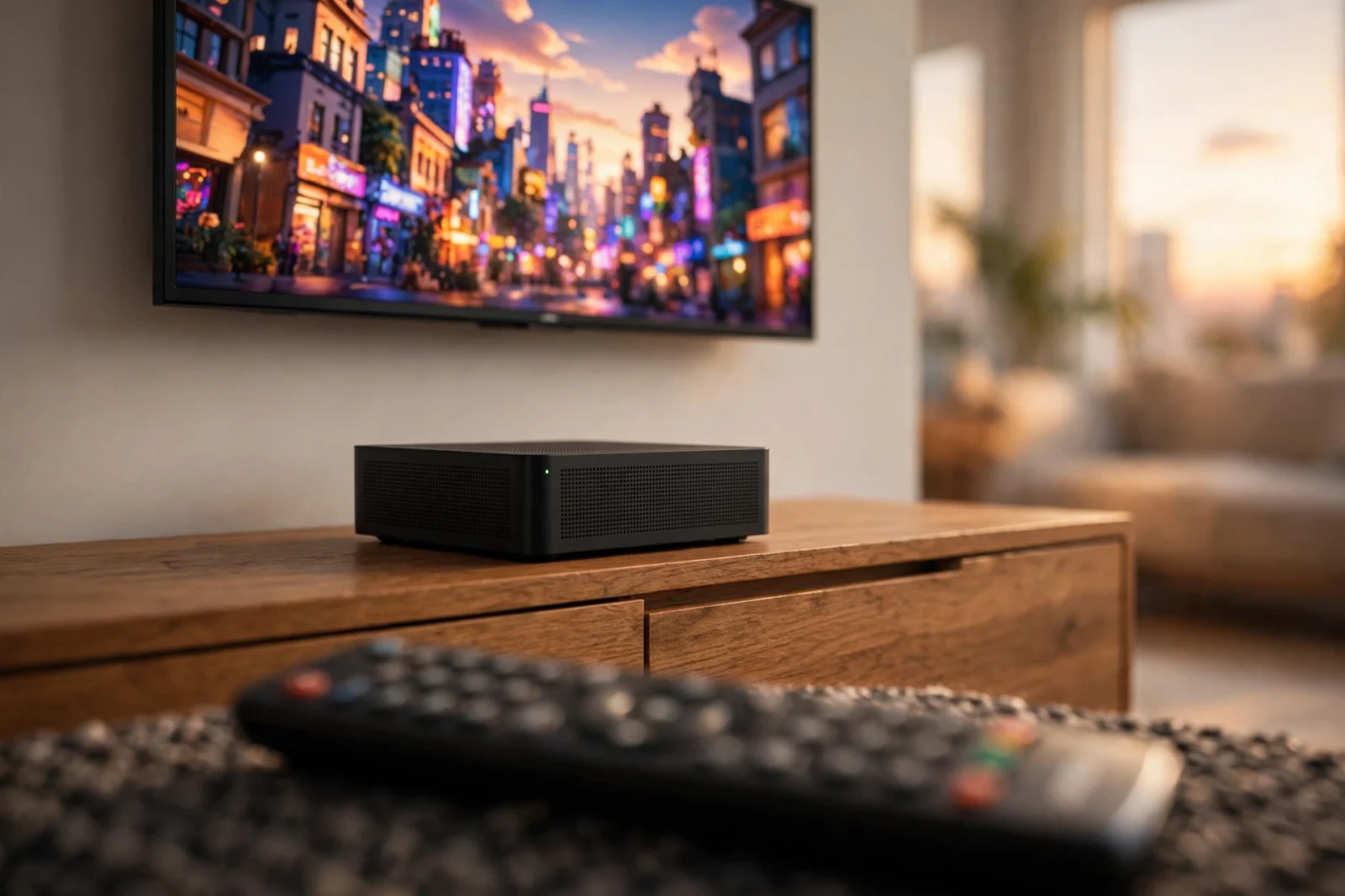 NAS box beneath a wall-mounted TV streaming a 4K movie with a remote in the foreground