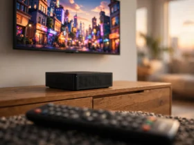 NAS box beneath a wall-mounted TV streaming a 4K movie with a remote in the foreground