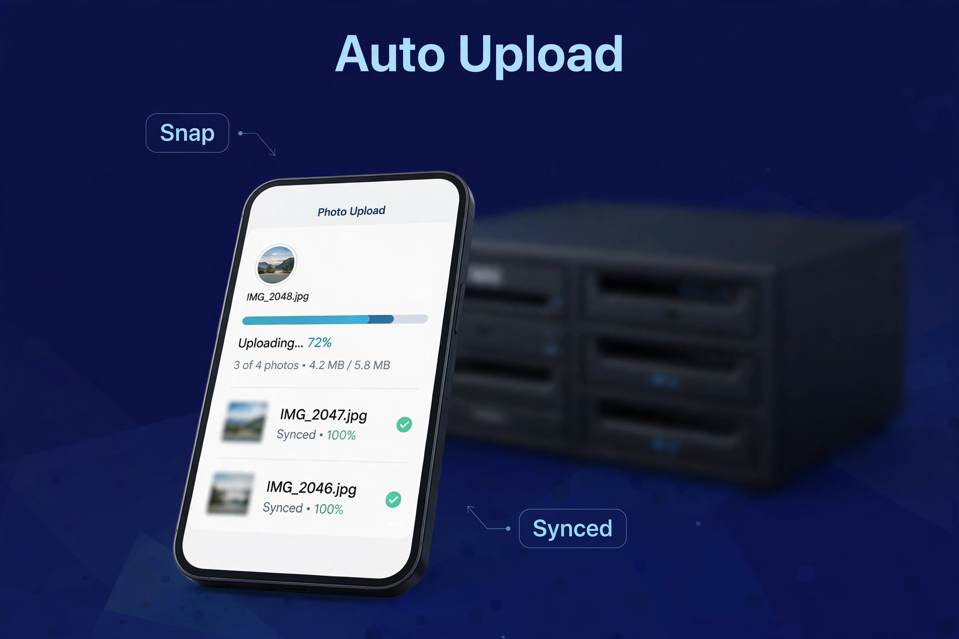 Smartphone auto-uploading photos to a NAS with an upload progress screen visible