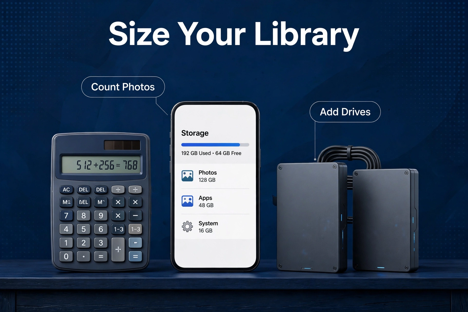Calculator beside a phone showing storage stats and two hard drives for sizing a photo library