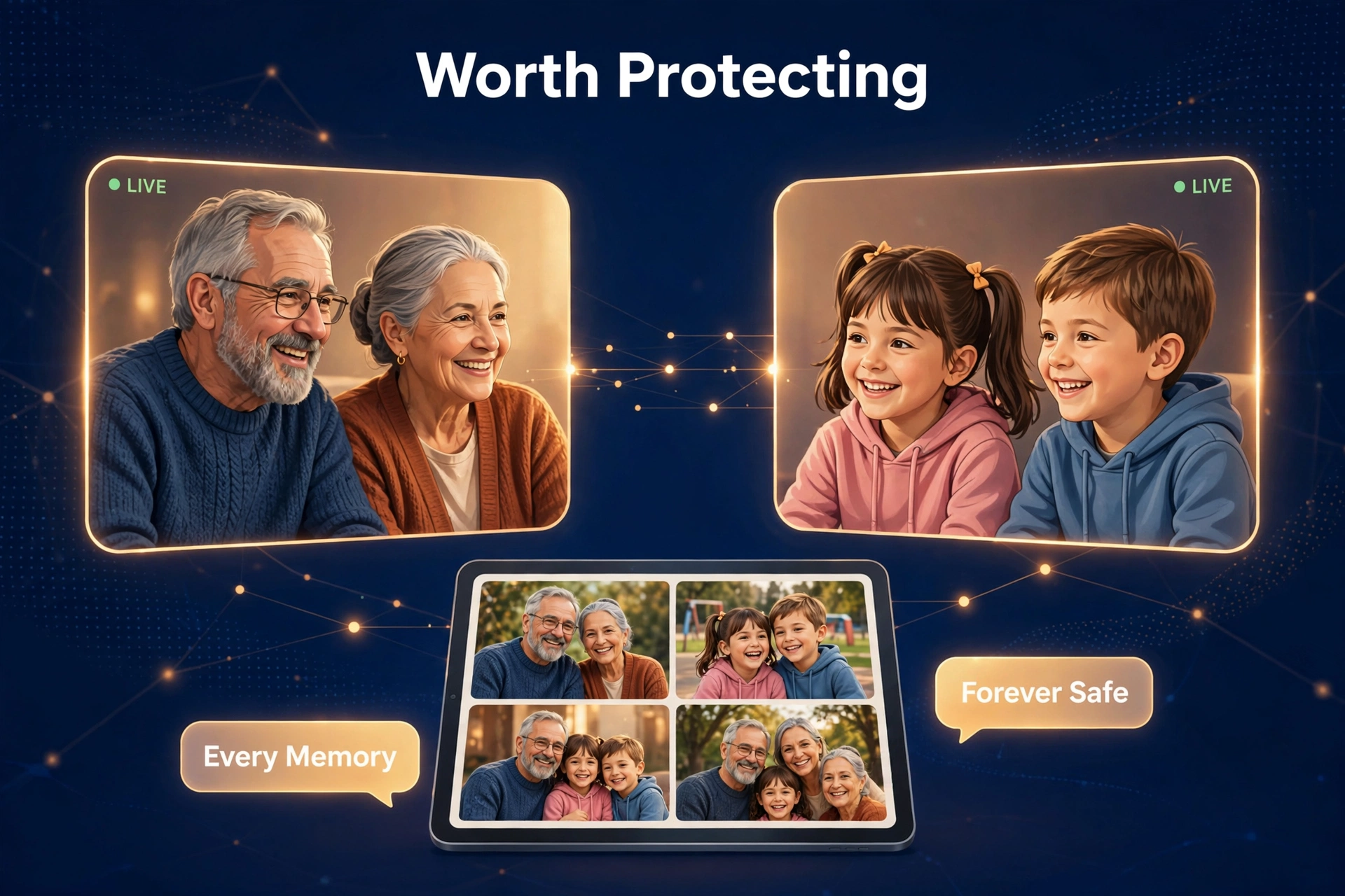 Grandparents video-calling grandkids with family photos on a tablet, the payoff of organized photo backups