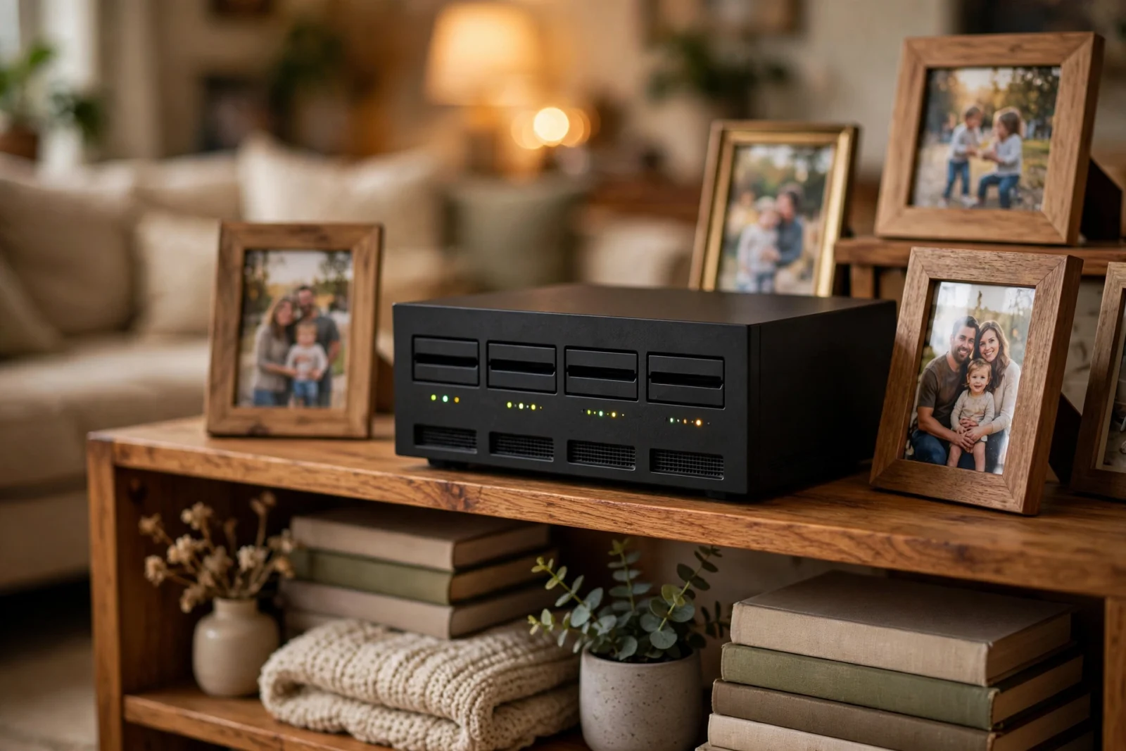 NAS on a bookshelf surrounded by framed family photos in warm home lighting