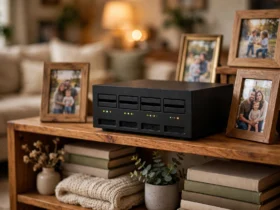 NAS on a bookshelf surrounded by framed family photos in warm home lighting